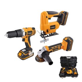   Fúró-csavarozó sarokcsiszoló dekopírfűrész akkus készlet 3 részes 20V akkuval kofferben Hoteche