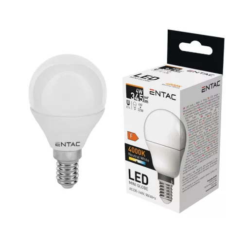 Izzó led E14 gömb mini 4W 4000K semleges 345Lm fehér Entac