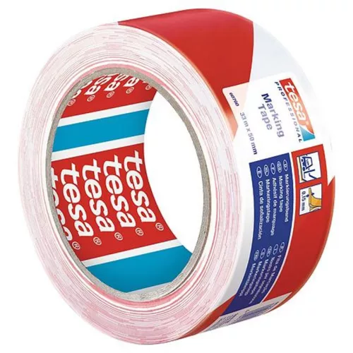 Figyelmeztető szalag tesa PRO Marking, ragasztó, piros-fehér, 50 mm, Hossz: 33 m