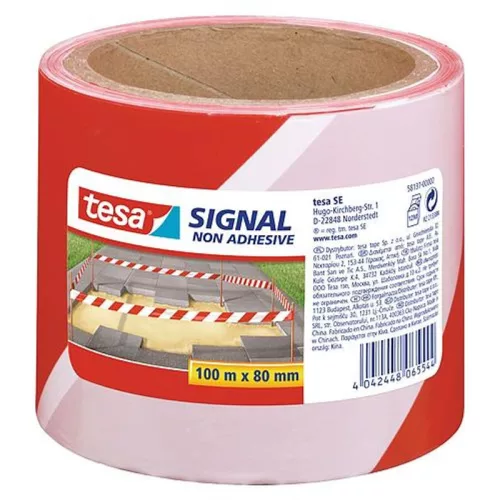 Figyelmeztető szalag tesa SIGNAL, 80 mm, piros/fehér, Hossz: 100 m