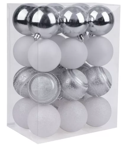 MagicHome, Karácsonyi Gömbök, 24 db, fehér - ezüst, vegyes, 6 cm