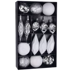   MagicHome, Karácsonyi Gömb szett, 16 db, fehér - ezüst, 8-15 cm