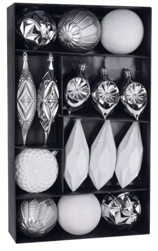 MagicHome, Karácsonyi Gömb szett, 16 db, fehér - ezüst, 8-15 cm