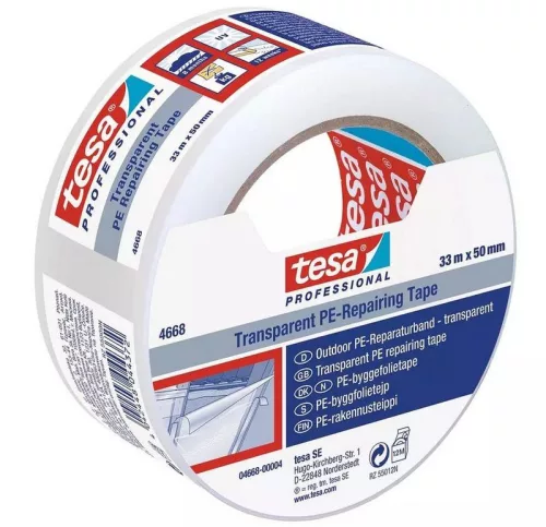 Átlátszó kültéri javítószalag tesa PRO, javító, PE, 50 mm, Hossz: 33 m