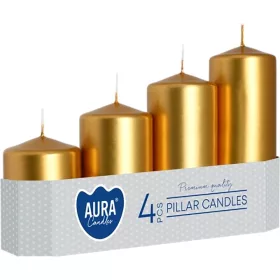   Sviečky AURA, odstupňovaná, valec, zlatá metalíza, 50mm, 48/70/90/110/130mm, bal. 4ks