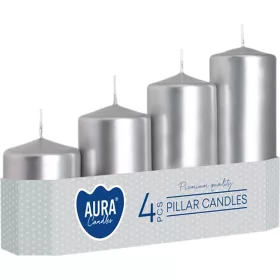   Sviečky AURA, odstupňovaná, valec, strieborná metalíza, 50mm, 48/70/90/110/130mm, bal. 4ks