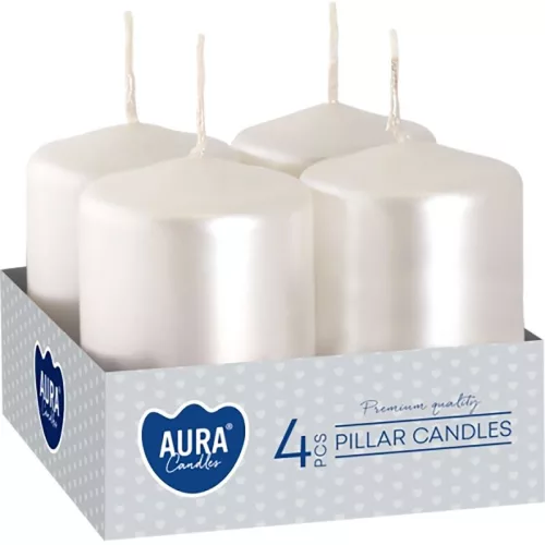 Sviečky AURA, valec, biela perla, 40x60mm, 7h, 55g, bal. 4ks
