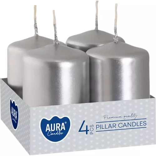Sviečky AURA, valec, strieborná metalíza, 40x60mm, 7h, 55g, bal. 4ks