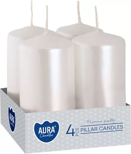 Sviečky AURA, valec, biela perla, 40x80mm, 9h, 80g, bal. 4ks