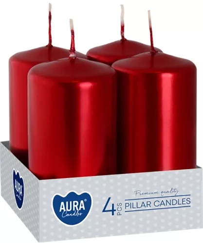 Sviečky AURA, valec, červená metalíza, 40x80mm, 9h, 80g, bal. 4ks