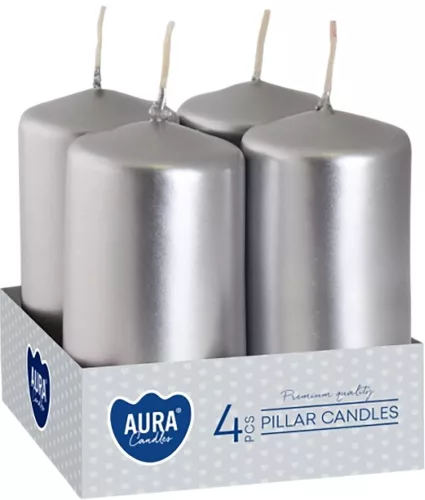 Sviečky AURA, valec, strieborná metalíza, 40x80mm, 9h, 80g, bal. 4ks
