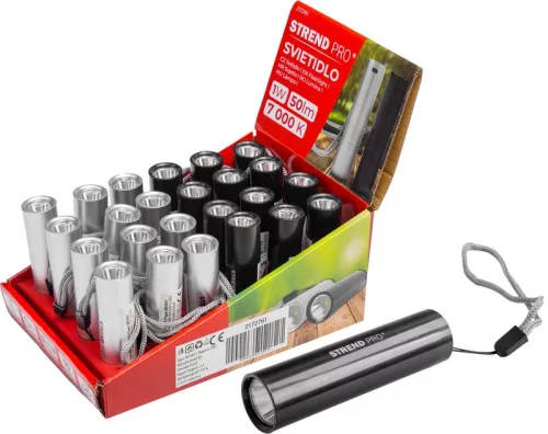 Zseblámpa Strend Pro Flashlight NX1051, 50 lm, USB töltés, fekete/ezüst, 77x19 mm, csomag 24 db