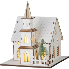   MagicHome, Karácsonyi dekoráció, templom, fa, 6xLED meleg fehér, 15x17x18.5 cm, 2xAAA