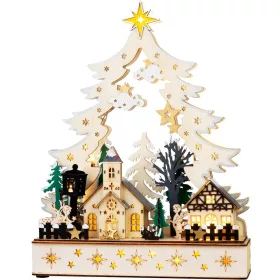   MagicHome, Karácsonyi dekoráció, falu, fa, 12xLED meleg fehér, 25x7.5x32 cm, 2xAA