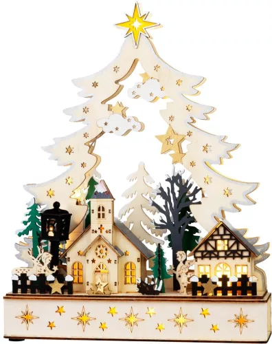 MagicHome, Karácsonyi dekoráció, falu, fa, 12xLED meleg fehér, 25x7.5x32 cm, 2xAA