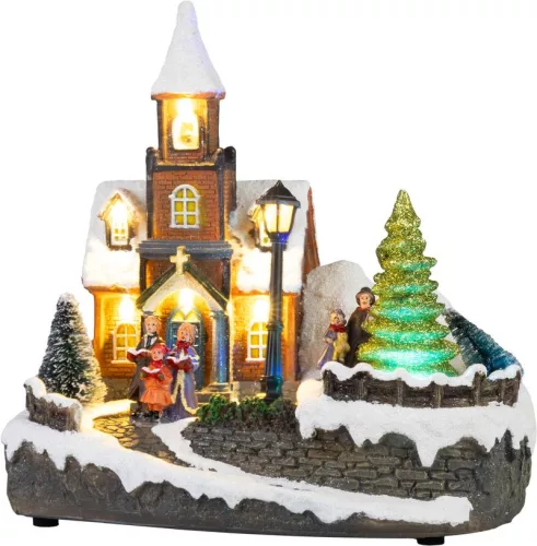 MagicHome, Karácsonyi dekorációs templom, műanyag, 1xLED meleg fehér, 21x14.5x20.8 cm, 3xAA