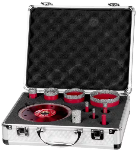 Lyukfúró készlet Strend Pro Premium, 6-8-10-20-35-50-68 mm, adapter, lyukbővítő maró, tárcsa, M14, g