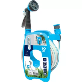   Tömlődob AQUACRAFT 990490, készlet, 3/8"-os kerti tömlővel, 10 m, 7 mintás öntözőpisztollyal