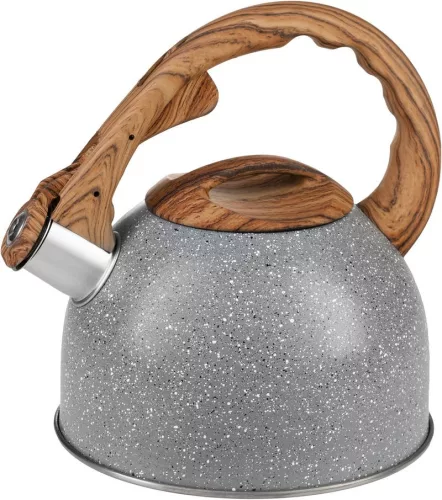 MagicHome rozsdamentes acél sípoló teáskanna fa hatású fogantyúval – 2,5 liter, szürke
