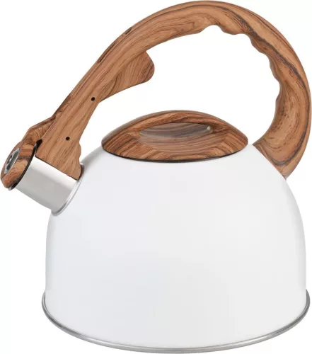 MagicHome rozsdamentes acél sípoló teáskanna fa hatású fogantyúval – 2,5 liter, fehér
