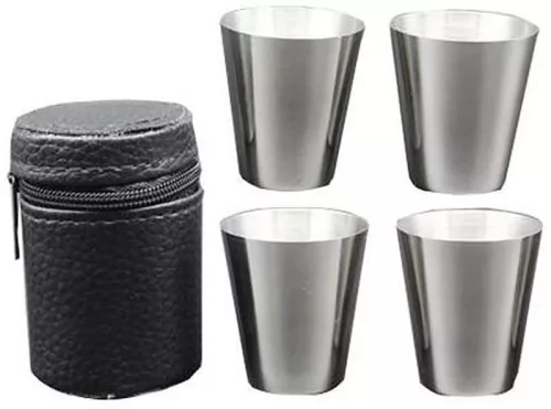 MagicHome rozsdamentes acél felespohár készlet műbőr tokban – 4 darab