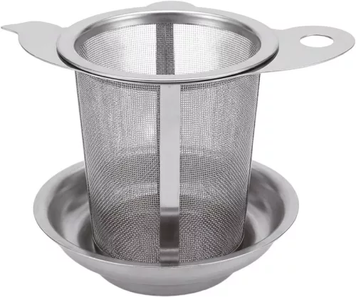 MagicHome rozsdamentes acél teaszűrő alátéttel – 10,3 × 7,2 × 6,5 cm