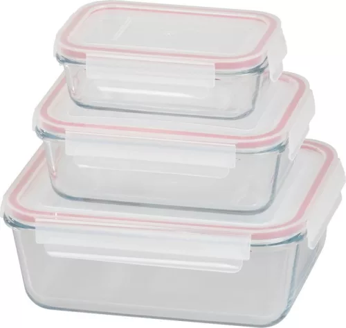 MagicHome téglalap alakú üveg ételtároló doboz készlet műanyag fedéllel – 3 db, 400/900/1900 ml