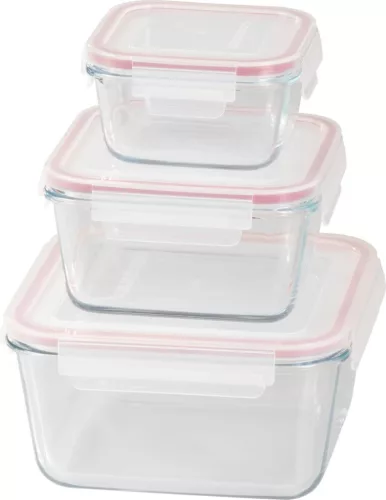 MagicHome négyzet alakú üveg ételtároló doboz készlet műanyag fedéllel – 3 db, 450/1000/1900 ml