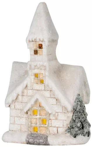 MagicHome, Karácsonyi dekoráció, templom, 3 LED sárga, kerámia, 2xAAA, beltéri, 17x11x27 cm