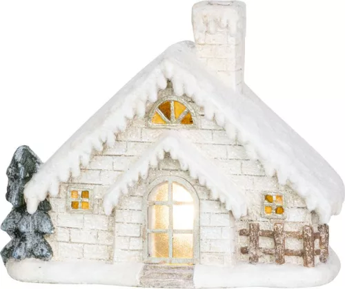 MagicHome, Karácsonyi dekoráció, házikó kéménnyel, kerámia, 3xAA, 40 cm, LED