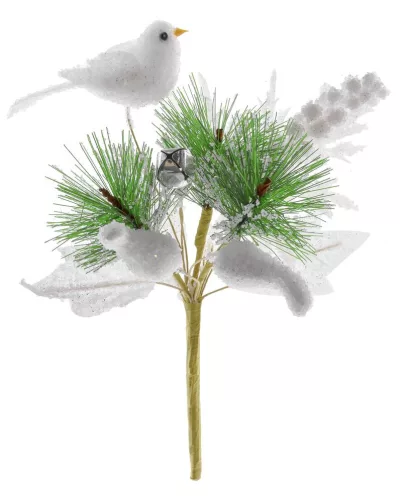 MagicHome, Karácsonyi ág, madárral, fehér, 18 cm