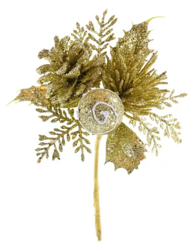 MagicHome, Karácsonyi ág, tobozzal, arany, 15 cm