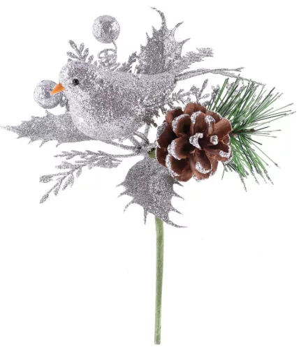 MagicHome, Karácsonyi ág, madárral, ezüst, 17 cm