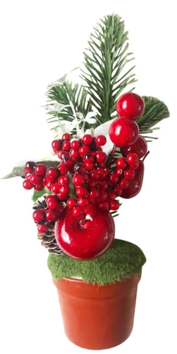 MagicHome, Karácsonyi dekoráció, Ágacskák cserépben, almával, 25cm, 2db