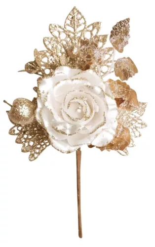 MagicHome, Karácsonyi ág, rózsával, krémszínű, 25,5 cm