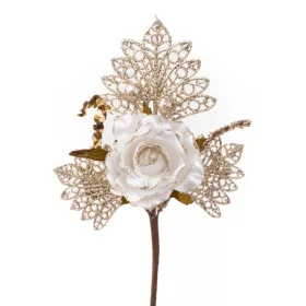 MagicHome, Karácsonyi ág, rózsával, fehér-arany, 26 cm
