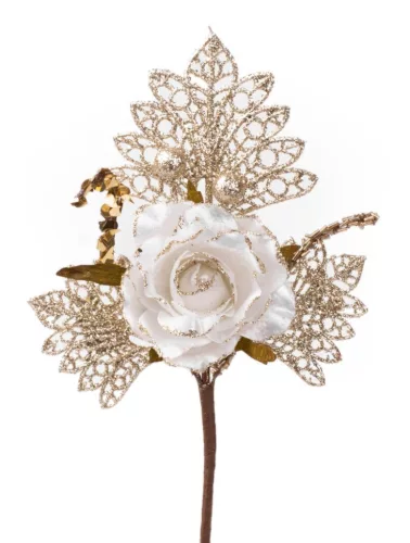 MagicHome, Karácsonyi ág, rózsával, fehér-arany, 26 cm
