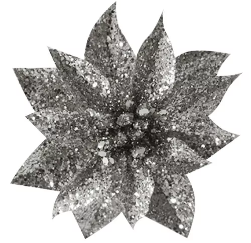MagicHome, Karácsonyi Csillámos Mikulásvirág, ezüst, virágméret: 9 cm