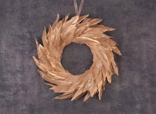 MagicHome, karácsonyi koszorú, tollas, arany, függő, 35 cm
