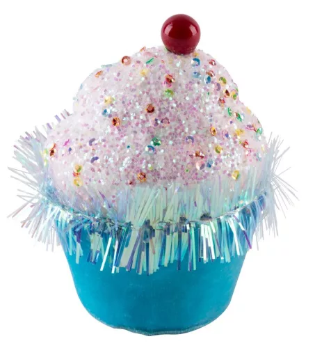 MagicHome, Karácsony dekoráció, cukorkás muffin, kék, függő, 7x7x11 cm