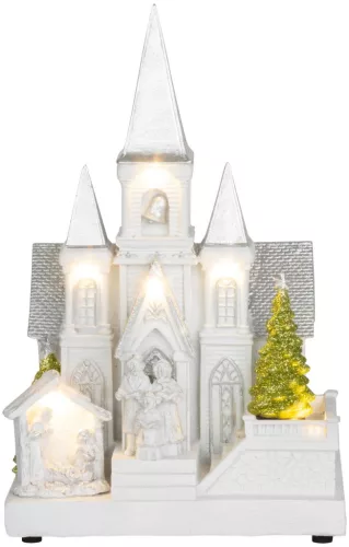 MagicHome, Karácsonyi dekoráció, templom Betlehemmel, 6 LED fehér, 3xAA, beltéri, 17x13x25 cm