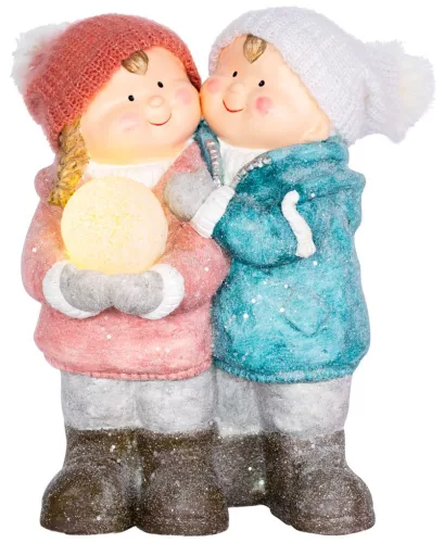 MagicHome, karácsonyi figura, fiú és lány hógömbbel, 1 LED, kerámia, 27,5x23x40 cm