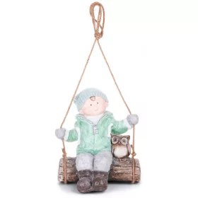   MagicHome, karácsonyi figura, fiú hintán bagollyal, függő, kerámia, 34,5x25,5x39,5 cm