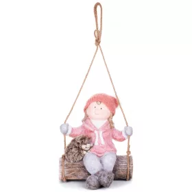   MagicHome, Karácsonyi figura, Kislány hintán sündisznóval, függő, kerámia, 31,5x28x36 cm