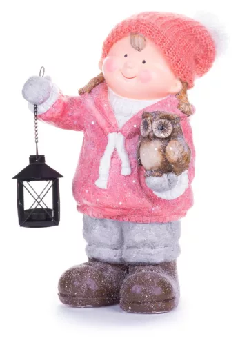 MagicHome, Karácsonyi figura, Kislány lámpással és bagollyal, kerámia, 28x18,5x39,5 cm