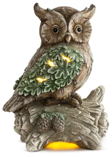 MagicHome, Karácsonyi dekoráció, bagoly fatörzsön, 9 LED, 3xAAA, kerámia, 31x21x42 cm