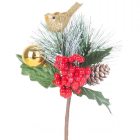 MagicHome, Karácsonyi ág, madárral, piros-arany, 16 cm