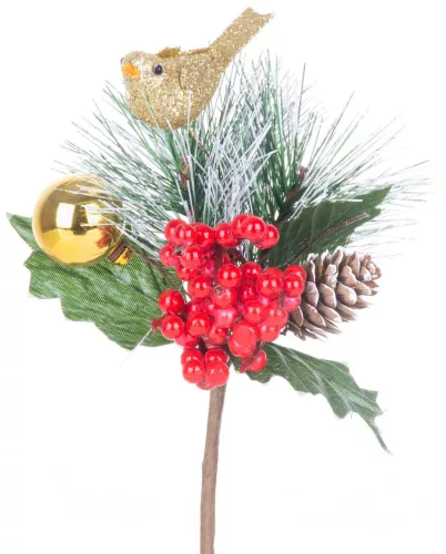 MagicHome, Karácsonyi ág, madárral, piros-arany, 16 cm
