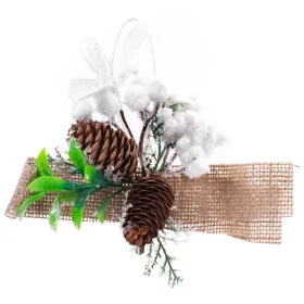   MagicHome, Karácsonyi ág, tobozokkal és jutaszalaggal, fehér, 15 cm