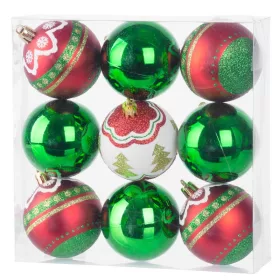   MagicHome, Karácsonyi Gömbök, 9 db, piros - zöld, dekorációval, 6 cm